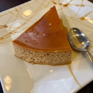 a slice of caramel cheesecake