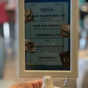 Table top menu of their coffee selection
