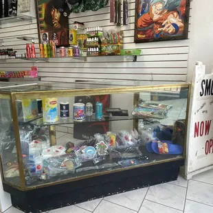 a display case in a liquor store