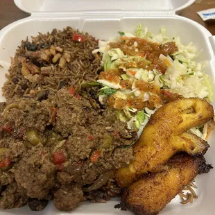 Picadillo with congri, salad and fried ripe plantains.