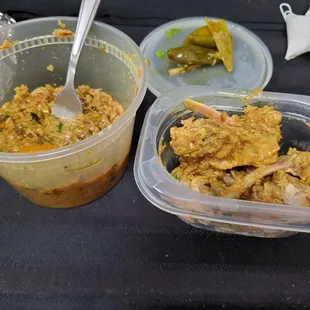 Left = sauce. Right = joint/bones/ cartilage left after I ate what I could. Great sauce. Too bad there was no chicken to go with it.