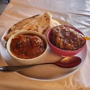 Rice Naan bread, chichen curry, lamb