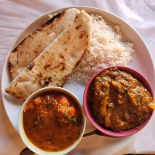 Rice, Naan bread, chicken curry, lamb