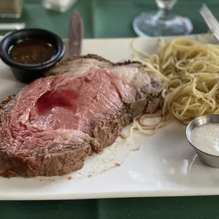 Prime Rib, pasta, horseradish and aus ju sides.