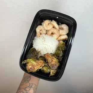 Garlic herb shrimp with jasmine rice and roasted Brussel sprouts