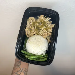 Salsa verde shredded chicken breast. Jasmine rice. Green beans.
