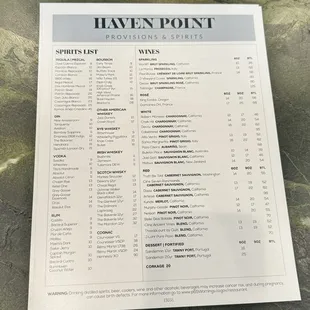 spirits and wine list