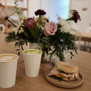 Hazelnut brown sugar latte, matcha and turkey pesto sandwich