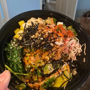 Bowl with salmon &amp; spicy salmon and ALL the fixings with the exception of 1 or 2 things &amp; 3 sauces (poke classic, ginger and ponzu).