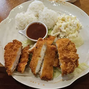 Chicken katsu with macaroni salad, fried rice and bbq sauce