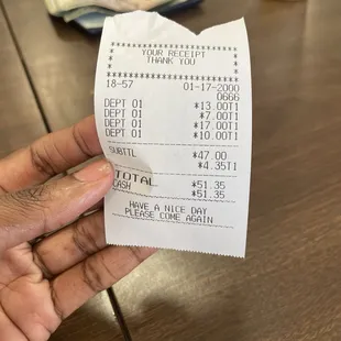 Receipt, well priced in my opinion. Salt + Pepper Chicken - $13, Pork Potstickers - $7, Combination Lo-Mein -$17 and 2 Thai Teas - $10.