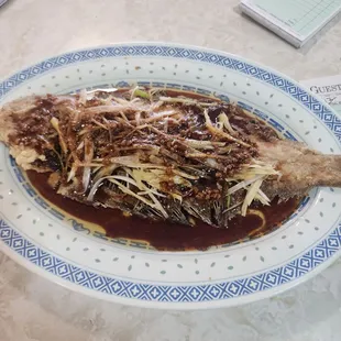 Deep fried flounder with ginger, scallion, and house special sauce