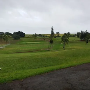 View from clubhouse. 1st hole.  One of the better holes, tee off is way off to the left of photo. Grass on green was way too long though.