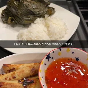a bowl of sauce and a plate of food