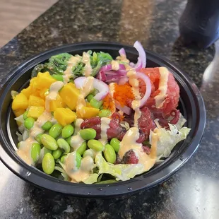 Spicy tuna and octopus poke bowl