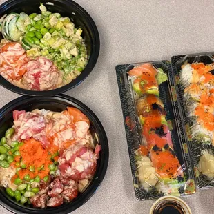 Rainbow sushi and Poke Bowls