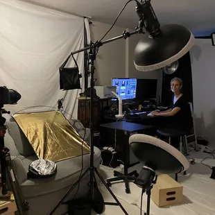 The studio set up. I sat in front of the lights (the big lamp looking things). Erica is at the computer checking photos.
