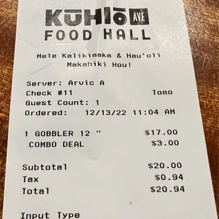 a receipt for the food hall