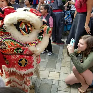 Girl taking pictures of the cubbie lion