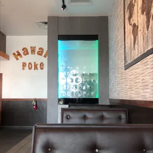 Inside view of booth area facing the restrooms.