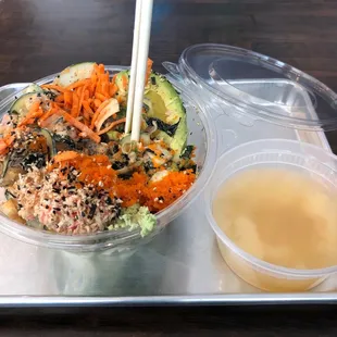 Zucchini noodles and spinach base topped with seared ahi tuna, yellow tail and spicy salmon and spicy crab meat, massago + more!