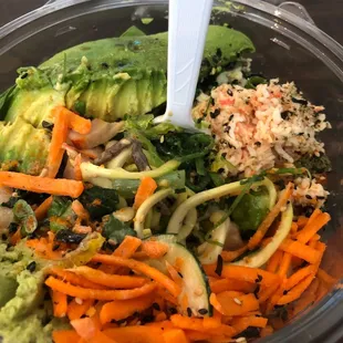 Healthy Hawaiian Luau in a bowl - my build your own bowl with just veggies (zucchini noodles and spinach) and seafood.