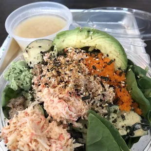 Large Poke Bowl Salad w/ zucchini noodles and spinach the base - low carb