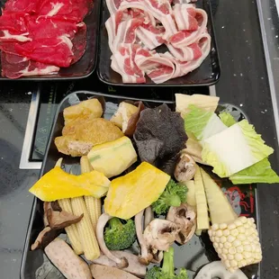 Beef, pork belly, and veggies - ready for cooking