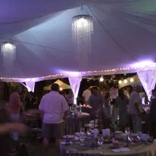 30x45 Freespan ~ White Top w/Ceiling Liner, Acrylic Swirl Chandeliers, and Spot Lights