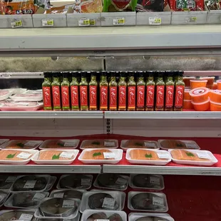 a display of various foods and drinks