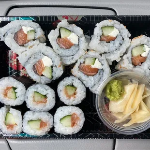 Philadelphia roll (top) and ume cucumber hosomaki (bottom)
