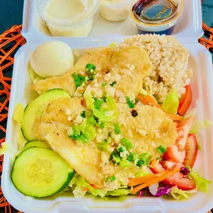 heathier garlic maui with salad and brown rice