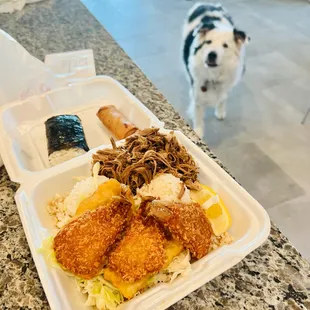 combo plate (pork, fried shrimp, fried fish) with egg roll &amp; Portuguese sausage musubi