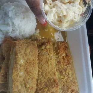 Mini chicken katsu curry with rice &amp; mac salad