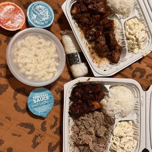 Huli Huli plate on left. Mixed plate (Luau + Kilauea) Side of Macaroni Salas Spam Musubi I haven't tried yet