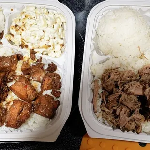 Classic servings (medium size) Huli Huli Chicken and Luau Pig  with rice and macaroni and cheese
