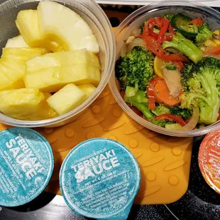 Optional Sides - Pineapple chunks (drained enough to eat while driving) and Spicy Mixed Vegetables (EXCEPTIONALLY GOOD)