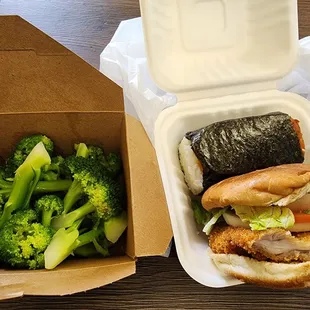 Chicken katsu sandwich, spam musubi &amp; steamed broccoli