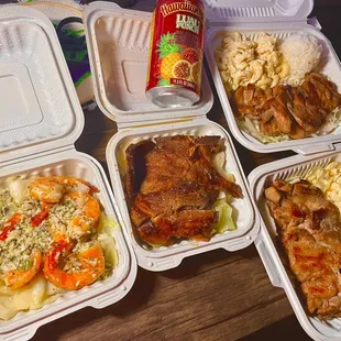 Mini Garlic Shrimp Plate Lunch Mini BBQ Pork Chop Plate Lunch Regular BBQ Chicken Plate Lunch Hawaiian Sun drink 11.5 FL OZ