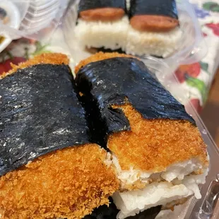 Crispy fish filet musubis!