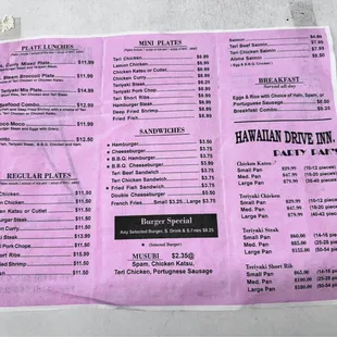 menu for hawaiian drive inn