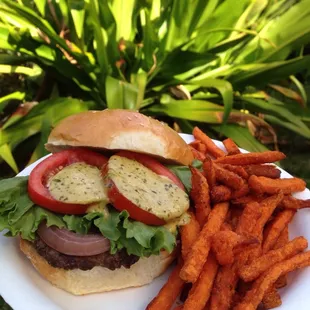 Grassfed burger with Ono sweet potato fries