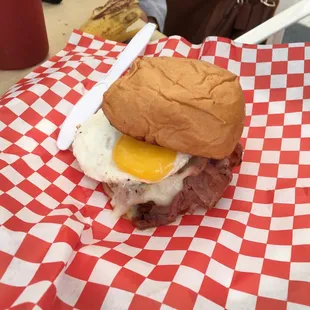 Breakfast sandwich with tomato jam.