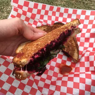 Grilled goat cheese and beet sandwich $10.