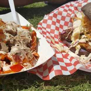 Pulled pork fries and brisket sandwich.