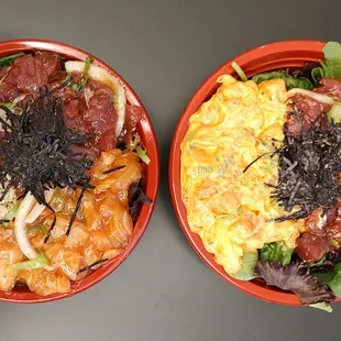 Onolicious Ahi and Firecracker Salmon bowl (left) and Onolicious Ahi and Spicy Salmon bowl.