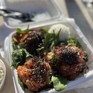 Kilauea Volcano (top), Garlic Salmon (left), Ahi Limu Onion (right)