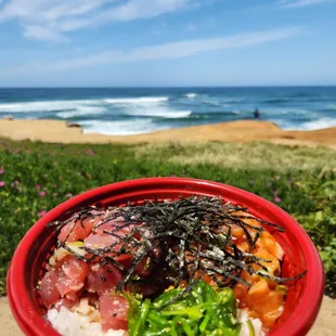 Medium bowl (2 scoop)- firecracker salmon, shoyu ahi on white rice.