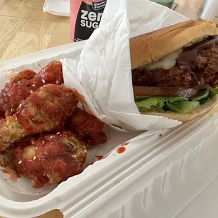 Peking wings, bbq chicken sandwich lunch special