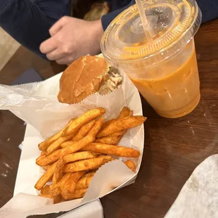 Chicken Tender Sandwich, fries and Thai tea milk